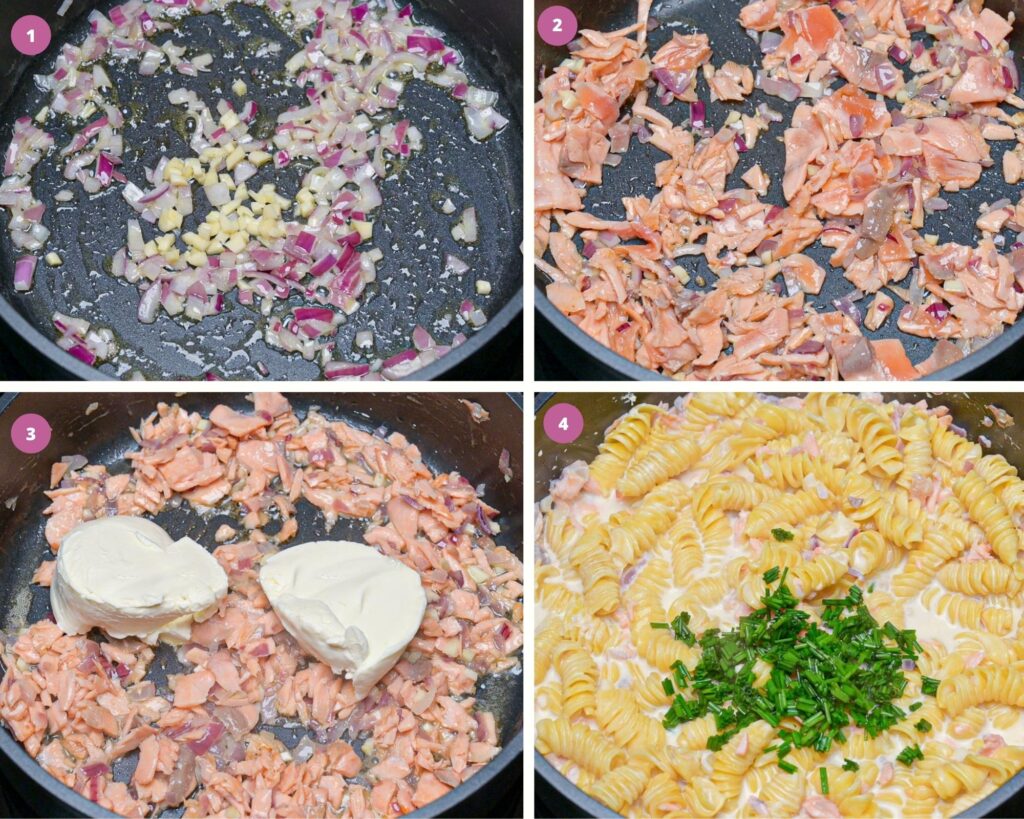 Photo grid of step by step instructions on how to make smoked salmon pasta