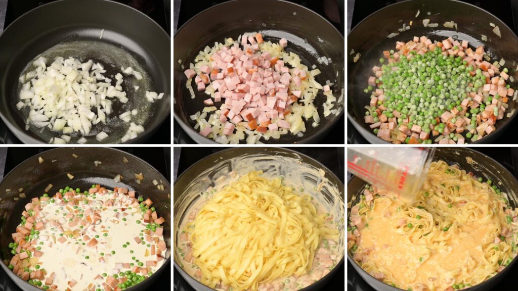 Photo collage of step by step instructions on making pasta alla papalina