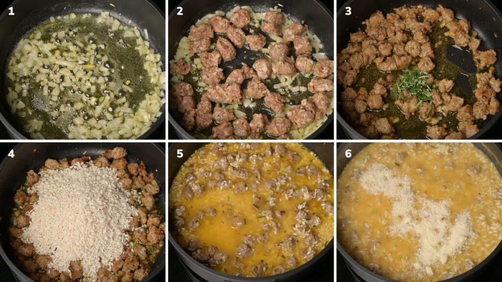 A photo showing step by step images for making risotto with sausage