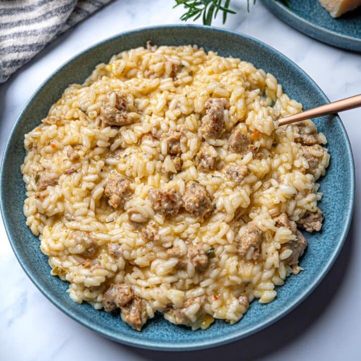 Photo of a blue plate with risotto
