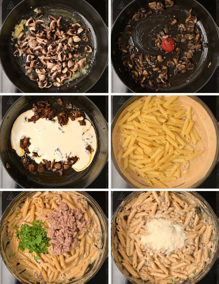 Step by step instruction photos for making tuna and mushroom pasta