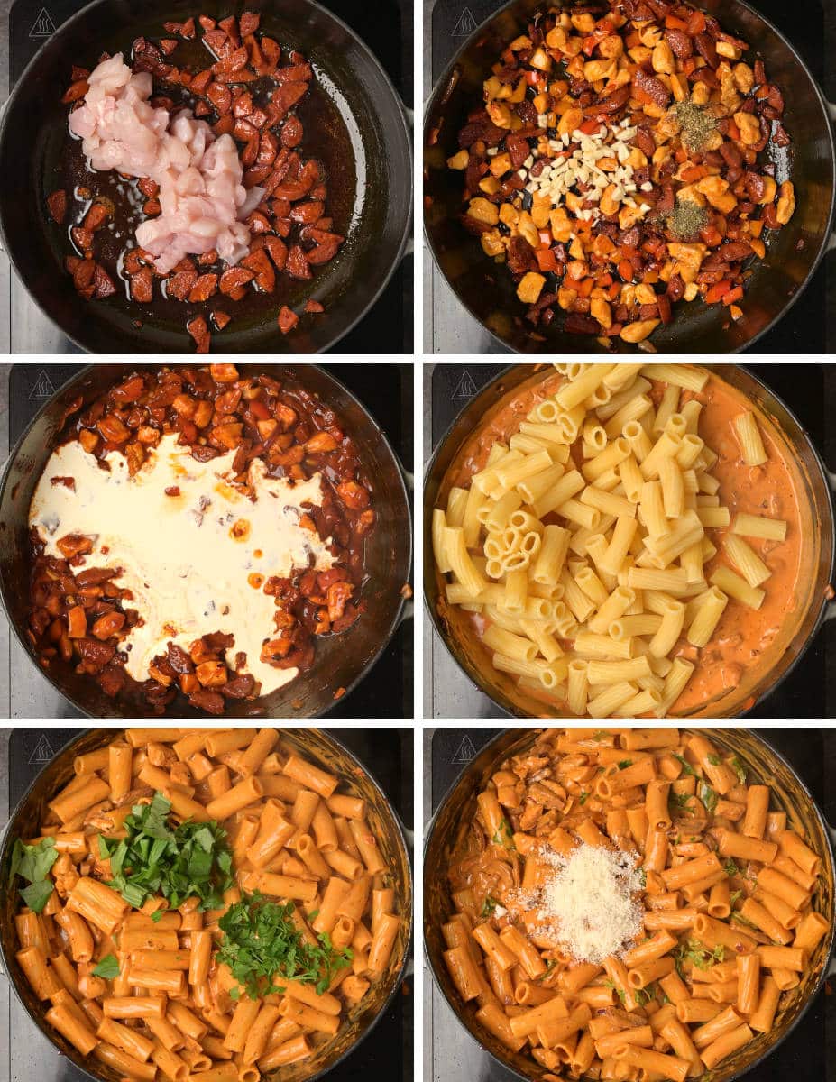 Creamy chicken and chorizo pasta cooking steps