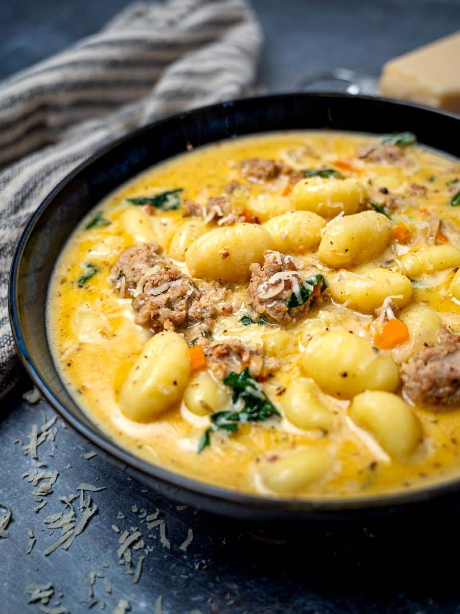 A bowl of gnocchi soup