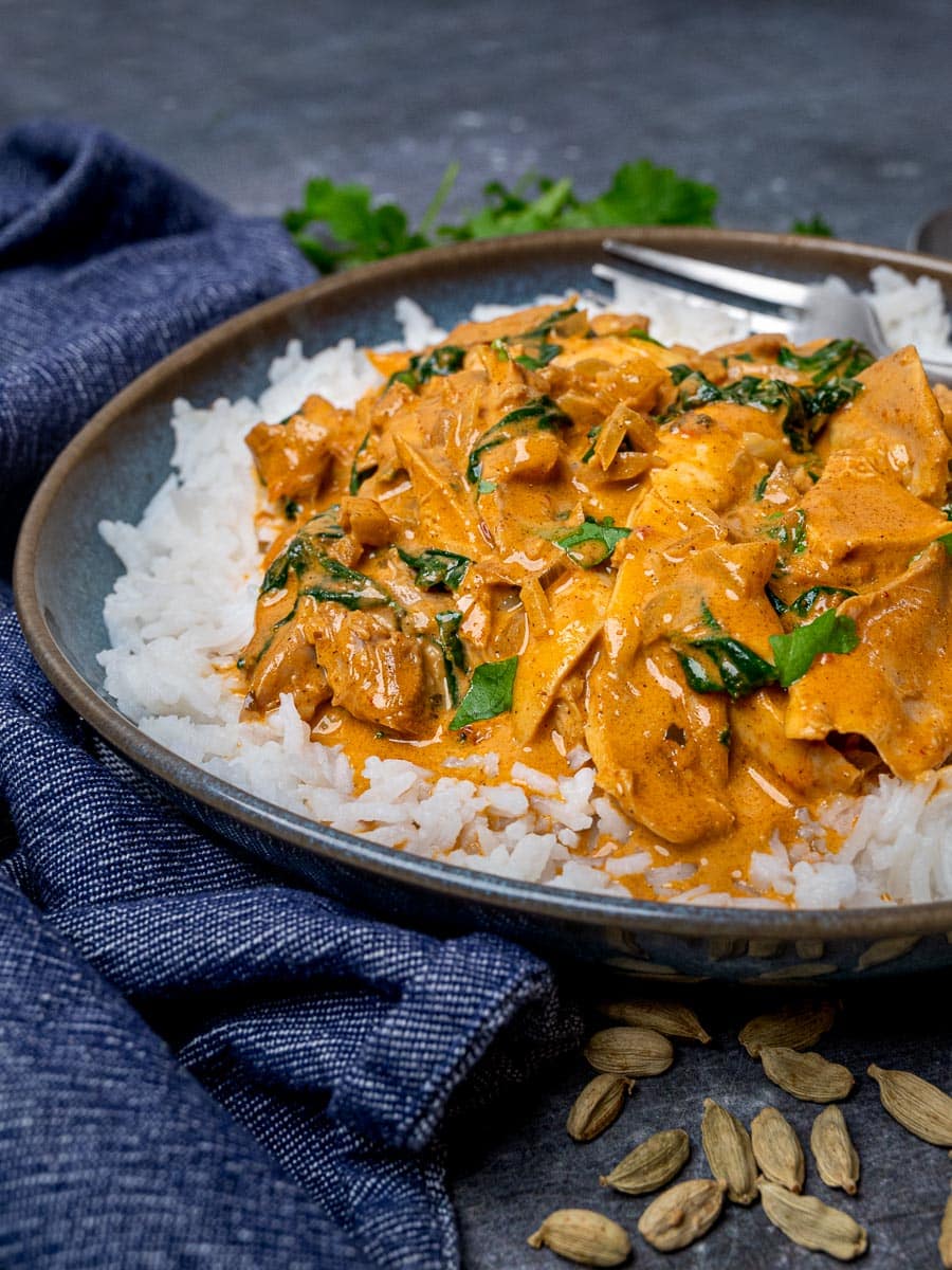 A bowl of leftover turkey curry over basmati rice