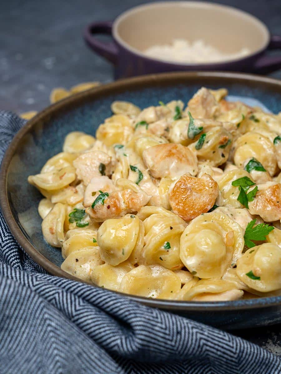 Creamy pasta dish with parmesan on the side