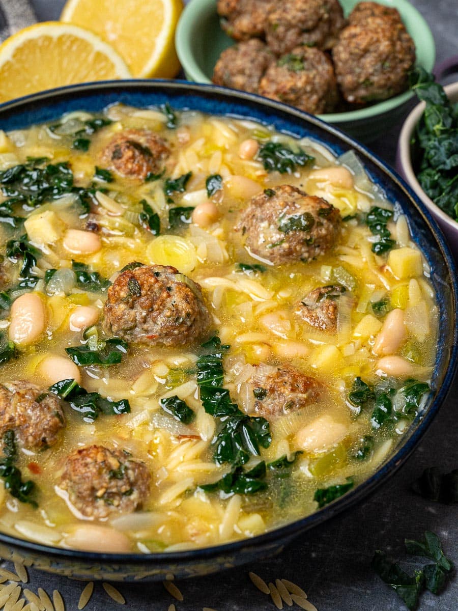 meatball stew with beans and kale