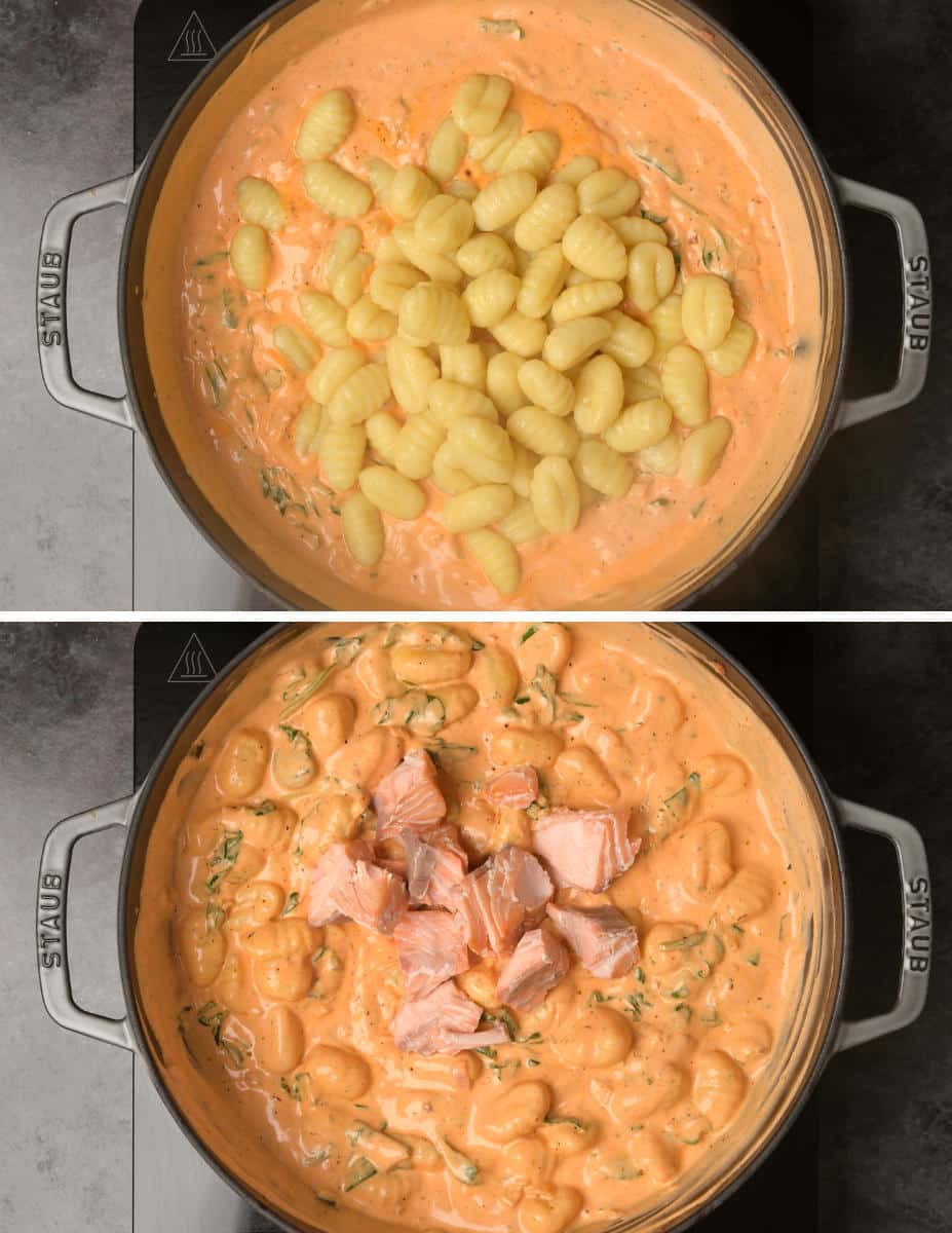 Adding gnocchi and salmon to the sauce
