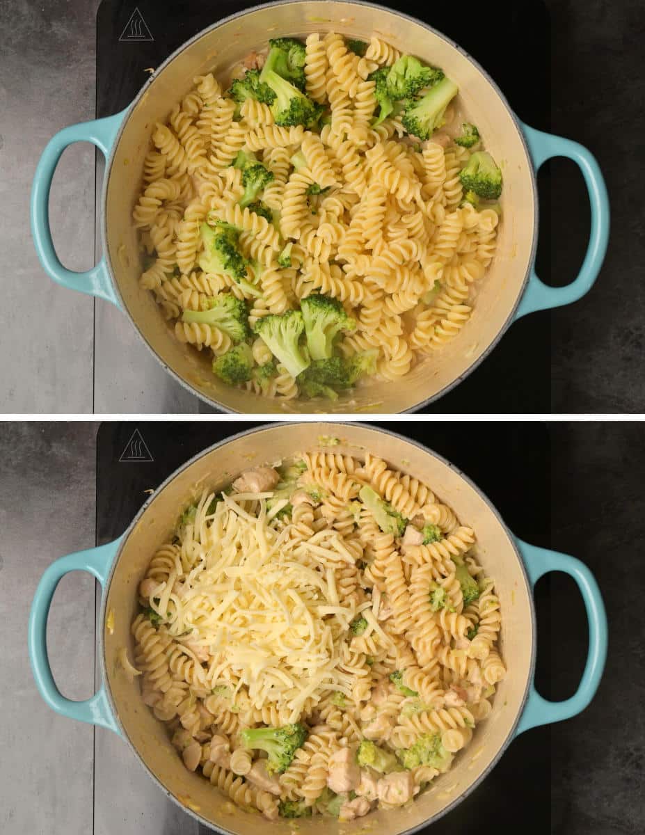 Adding pasta, broccoli and mozzarella