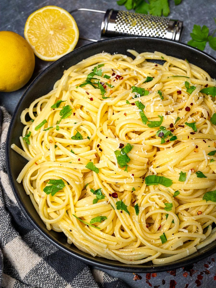 A bowl of lemon butter garlic pasta