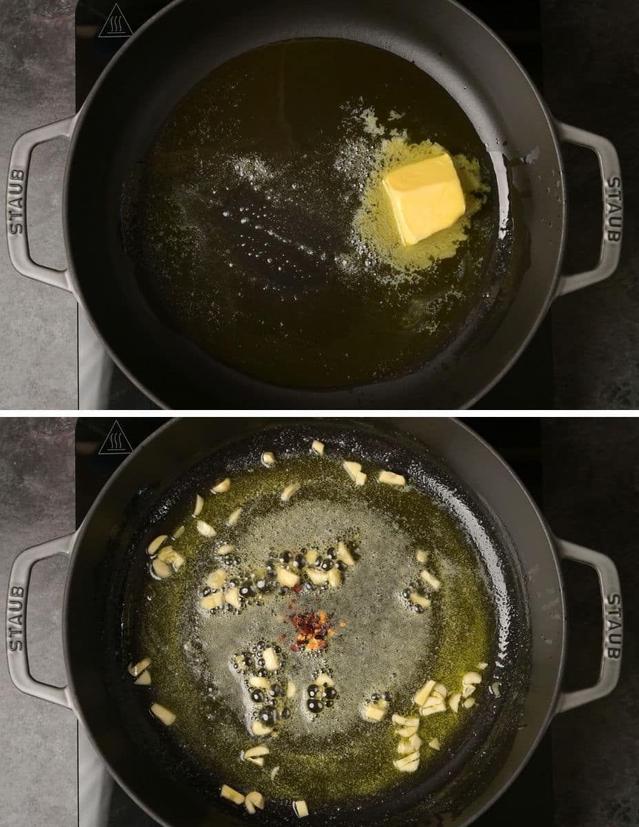 Melting butter and frying garlic for pasta sauce