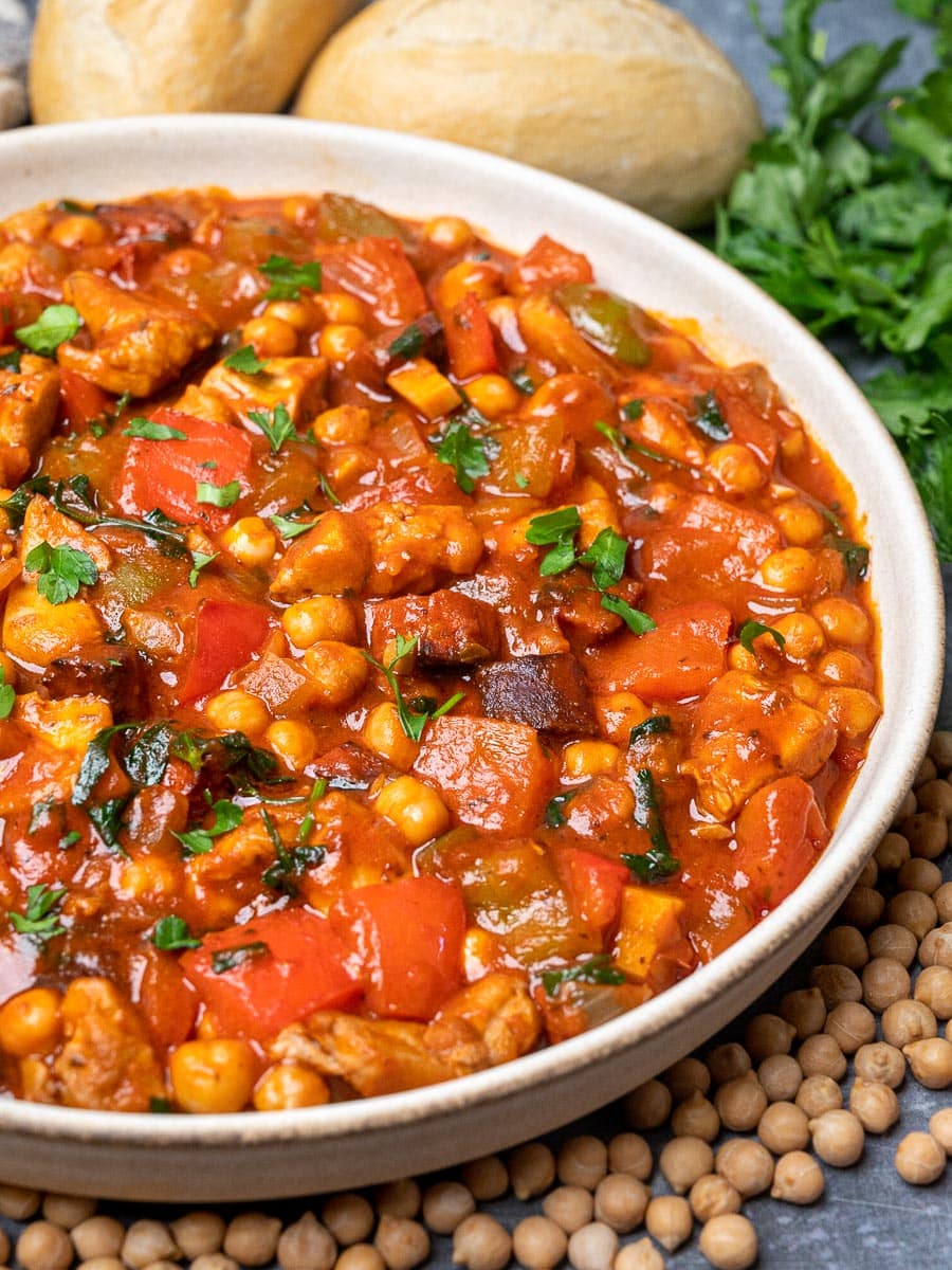 chicken and chorizo stew with parsley on top