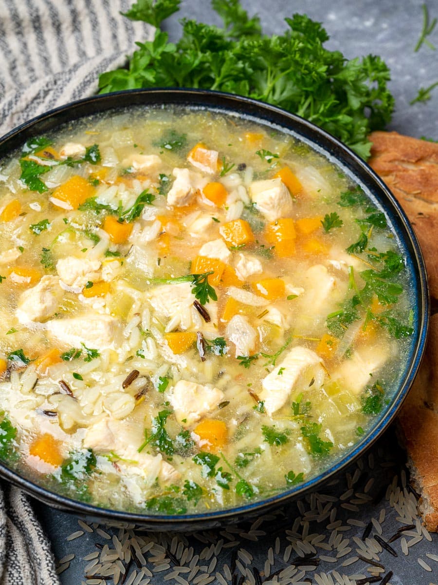 a bowl of instant pot chicken and rice soup
