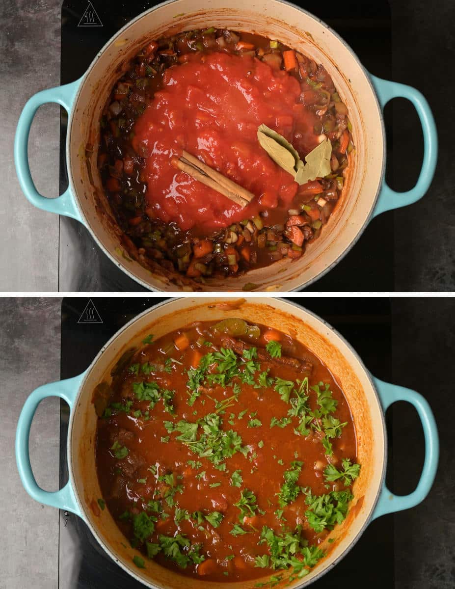 greek beef stew making steps — simmering the sauce