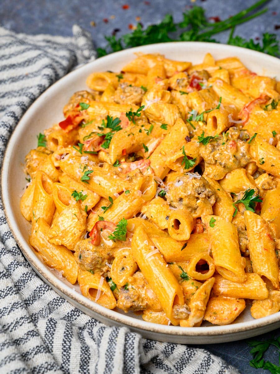 chicken and sausage pasta with parsley