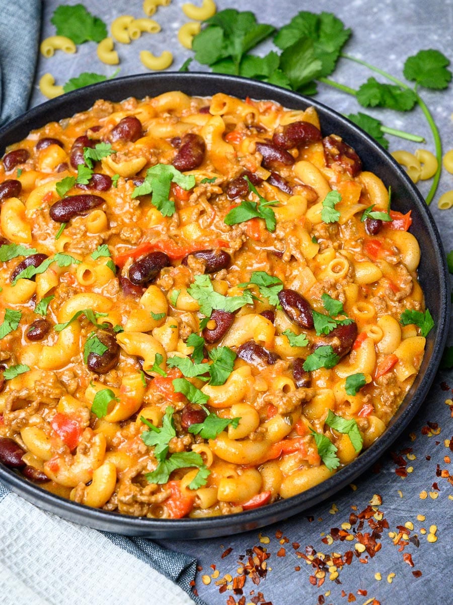 a plate of Chili Mac and Cheese