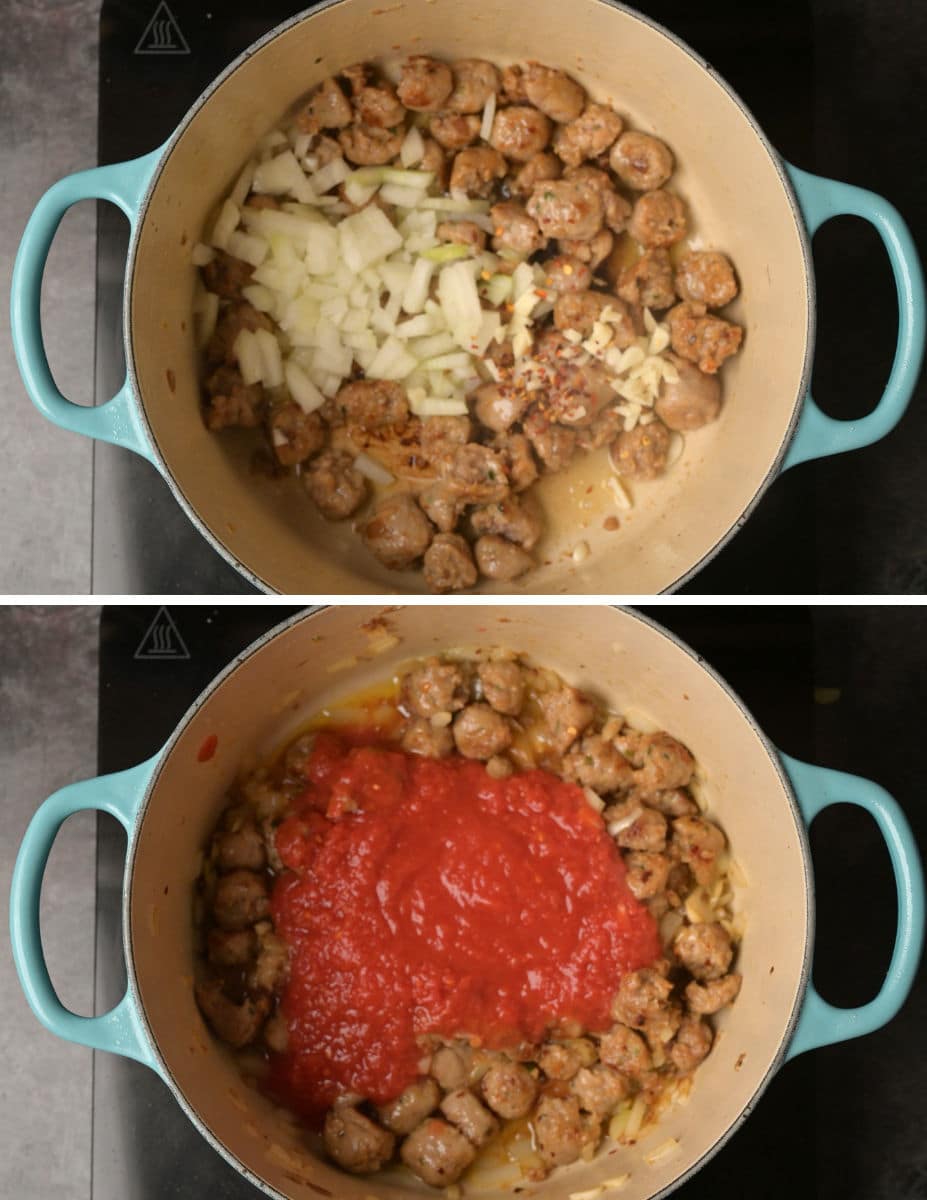 sausage and tomato pasta cooking steps