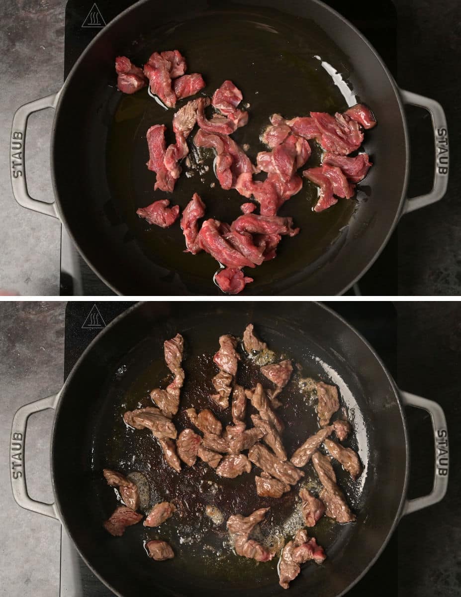 Frying beef for keto beef stroganoff