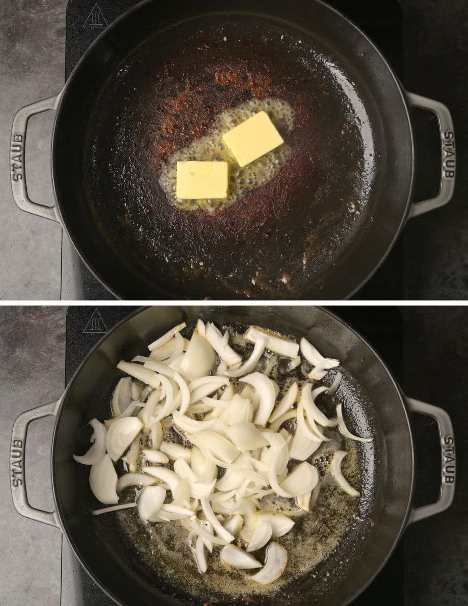 Adding butter and onion