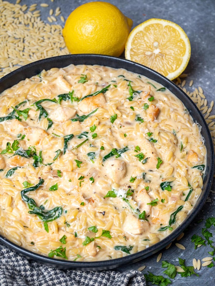 creamy chicken orzo with baby spinach