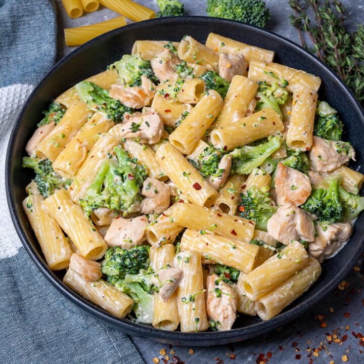 a plate of chicken broccoli pasta