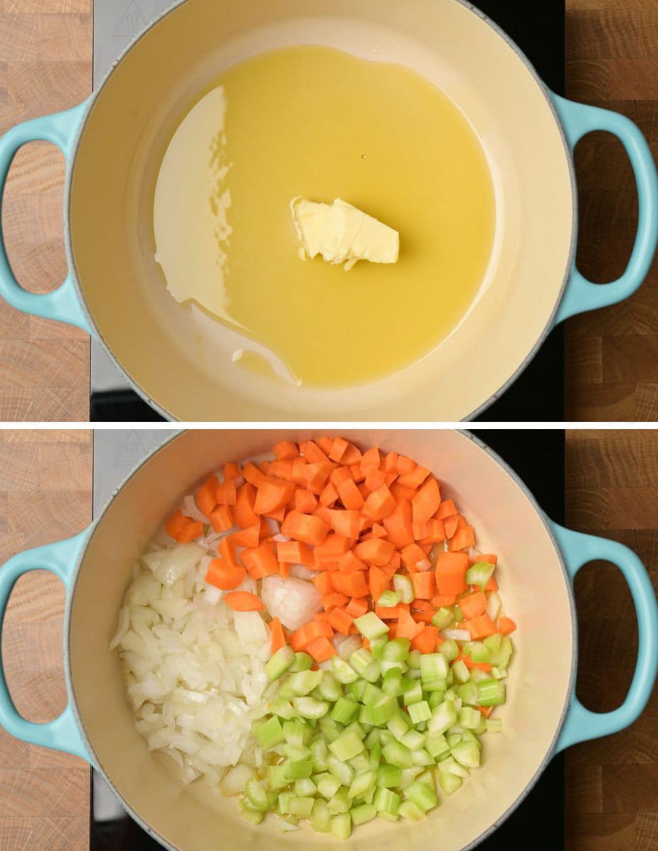 Making chicken potato soup steps — sauteeing the mirepoix