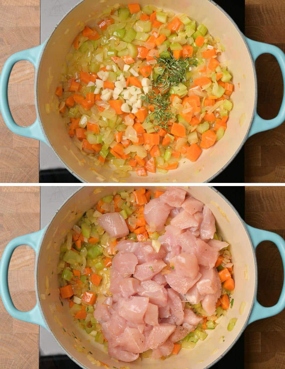 Adding garlic, herbs and chicken