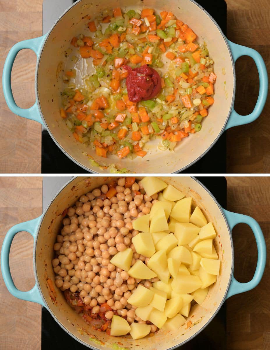 Instructions for making creamy vegan chickpea soup.