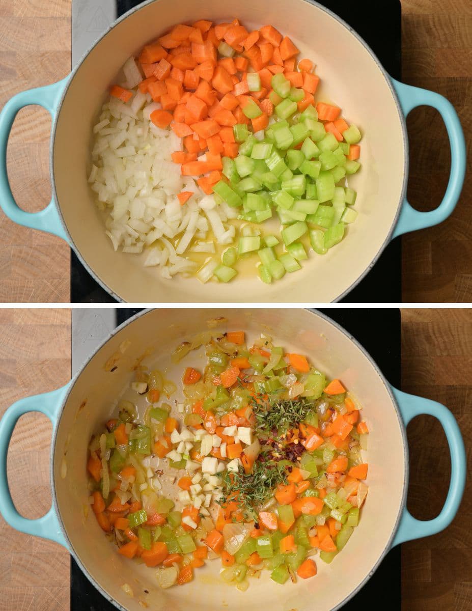 Steps for making leftover turkey noodle soup - sauteeing the veggies.