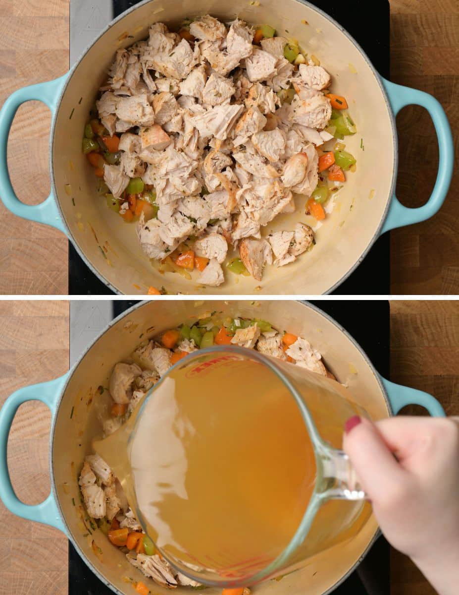 Adding the shredded turkey and stock.