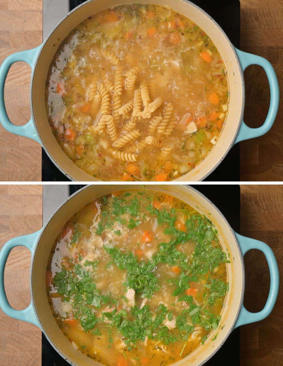 Adding the noodles and parsley.