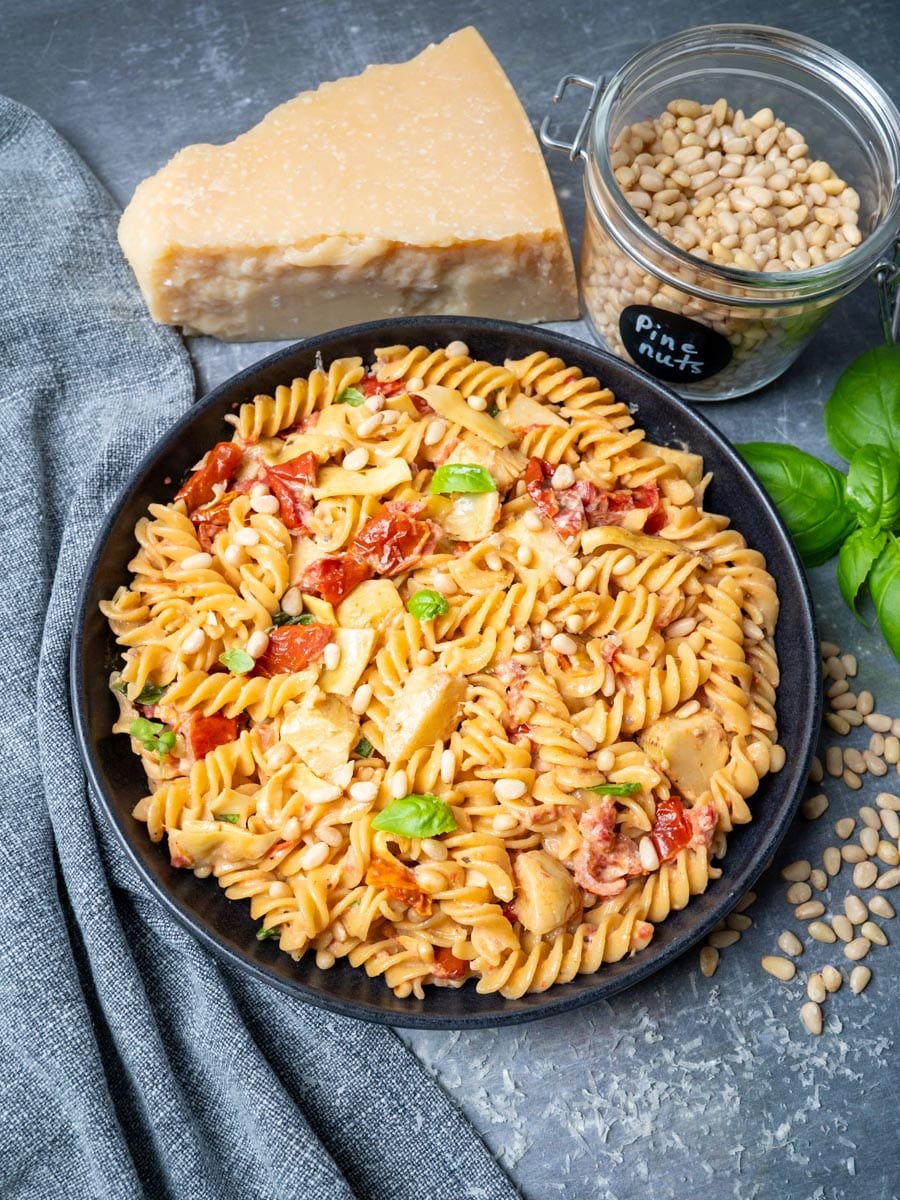 a plate of artichoke pasta