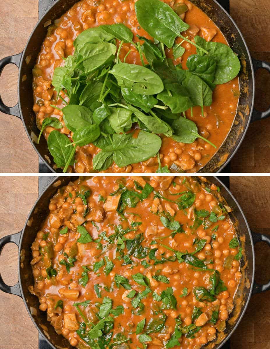 Finishing steps — adding spinach and cilantro.