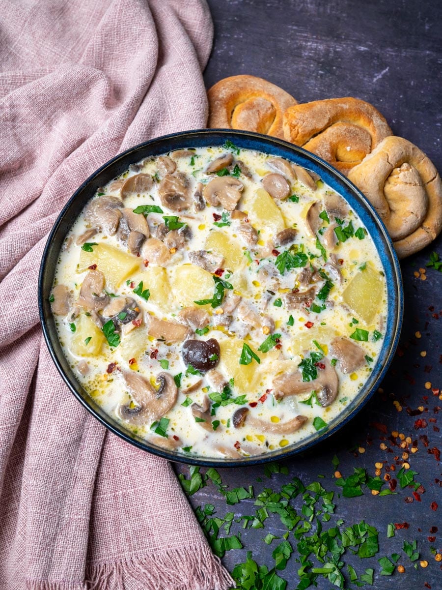 a bowl of a Mushroom and Potato Soup