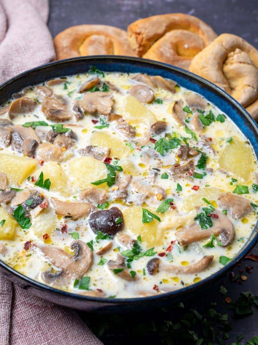 Mushroom and Potato Soup with bread