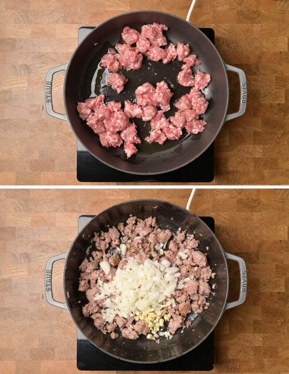 Steps for making Italian sausage and tortellini skillet.