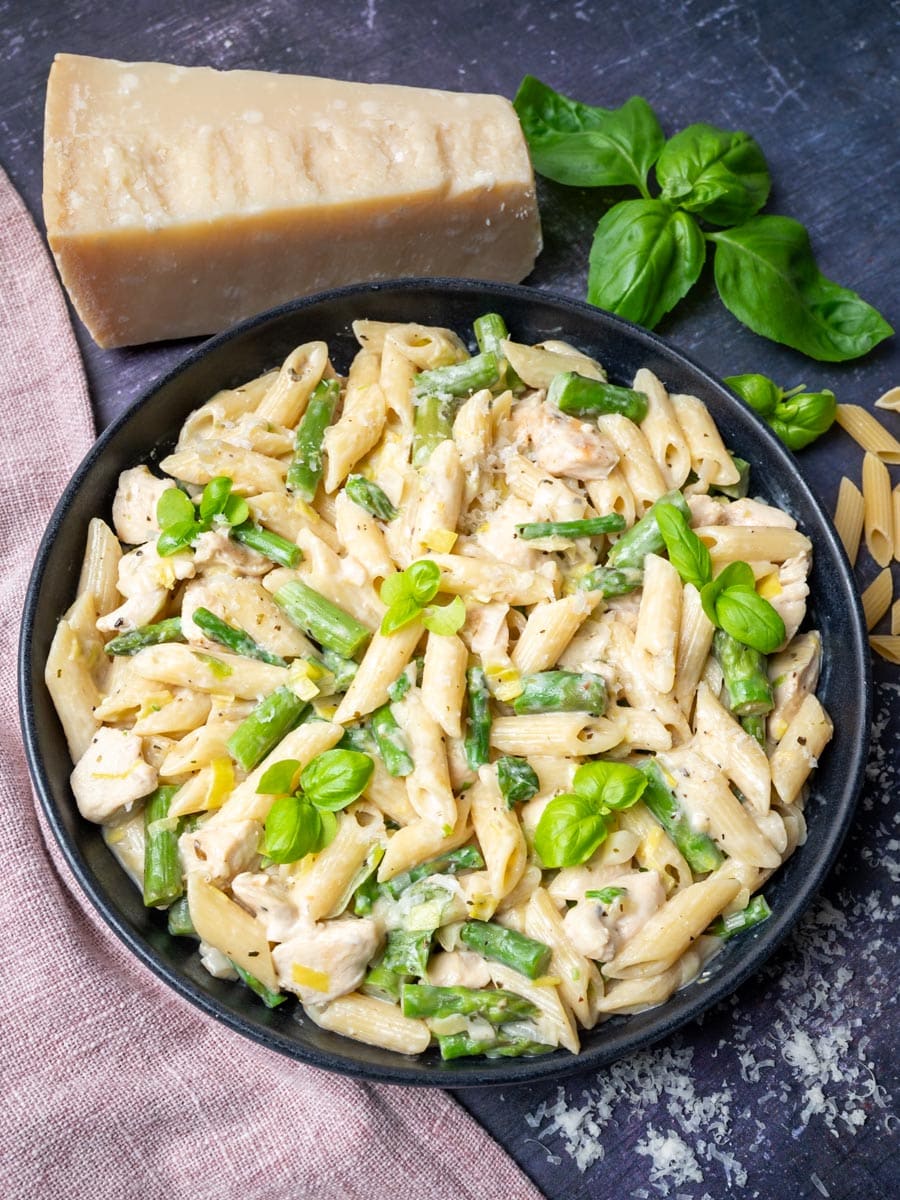 a plate of Chicken Asparagus Pasta