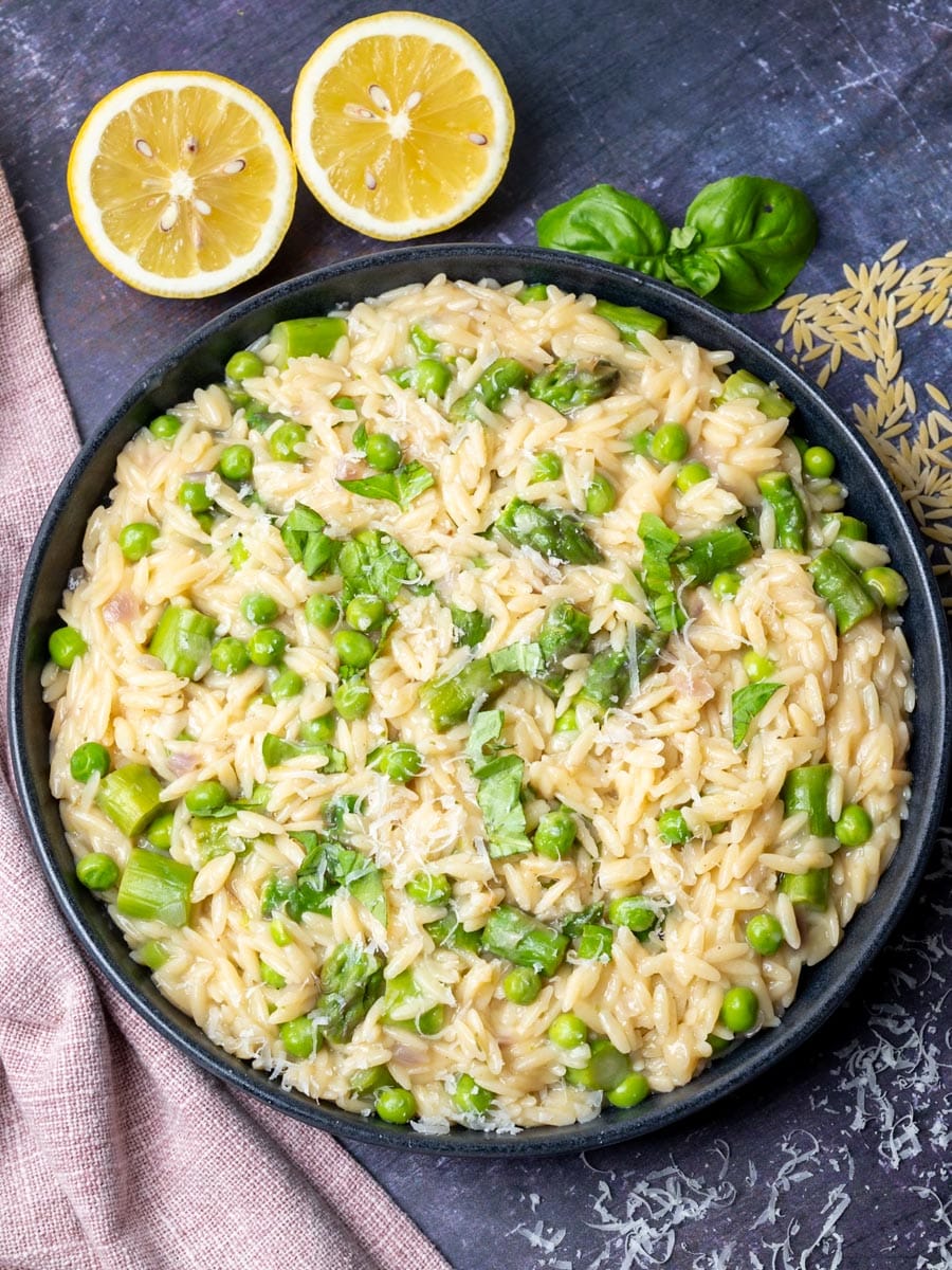 Orzo primavera with lemons on the side