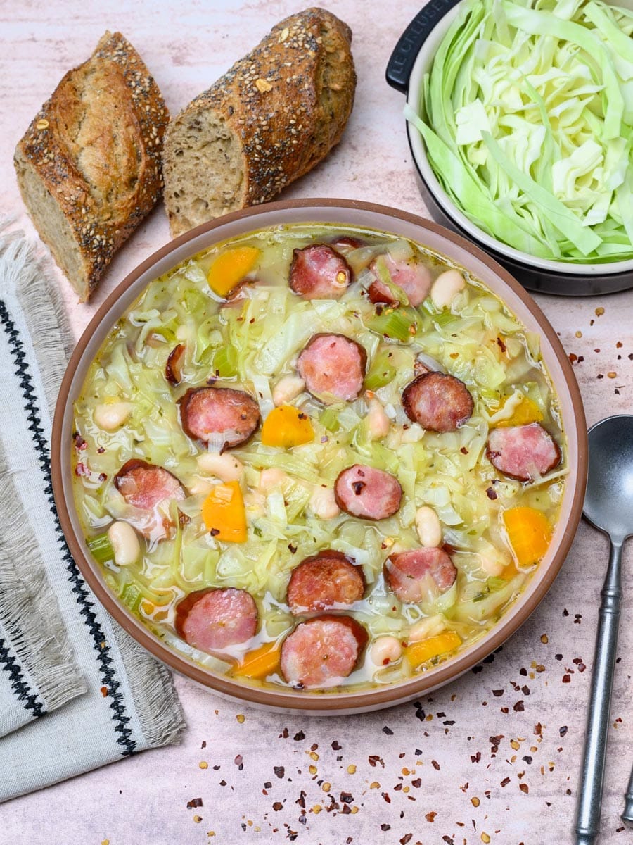 a bowl of a Cabbage Sausage Soup