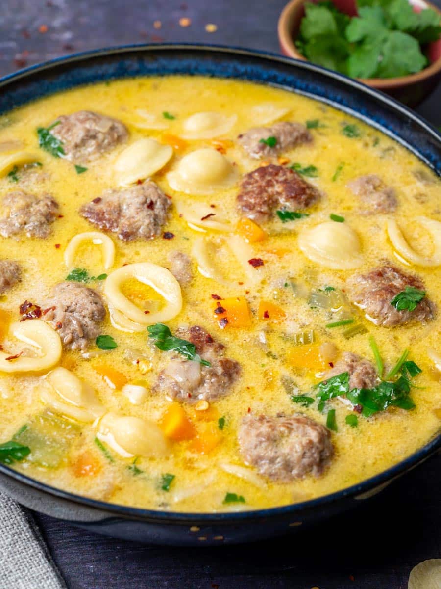 close up photo of a swedish meatball soup