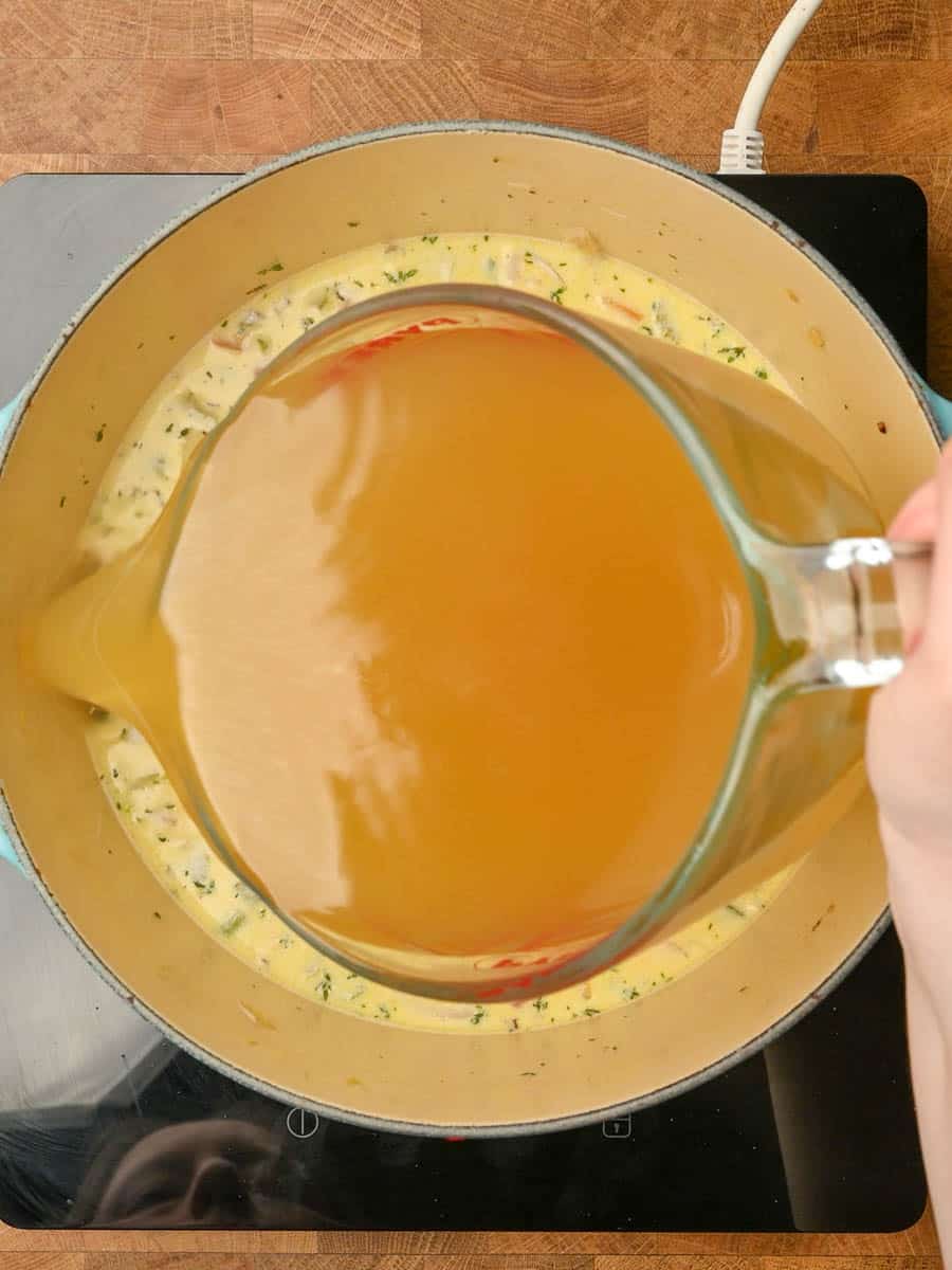 adding stock to an American dish