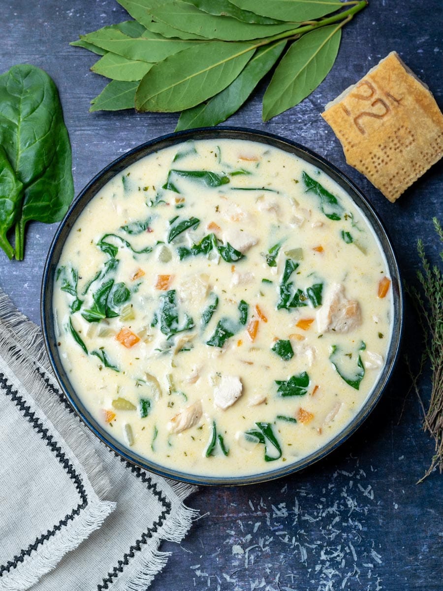 a bowl of a chicken florentine soup