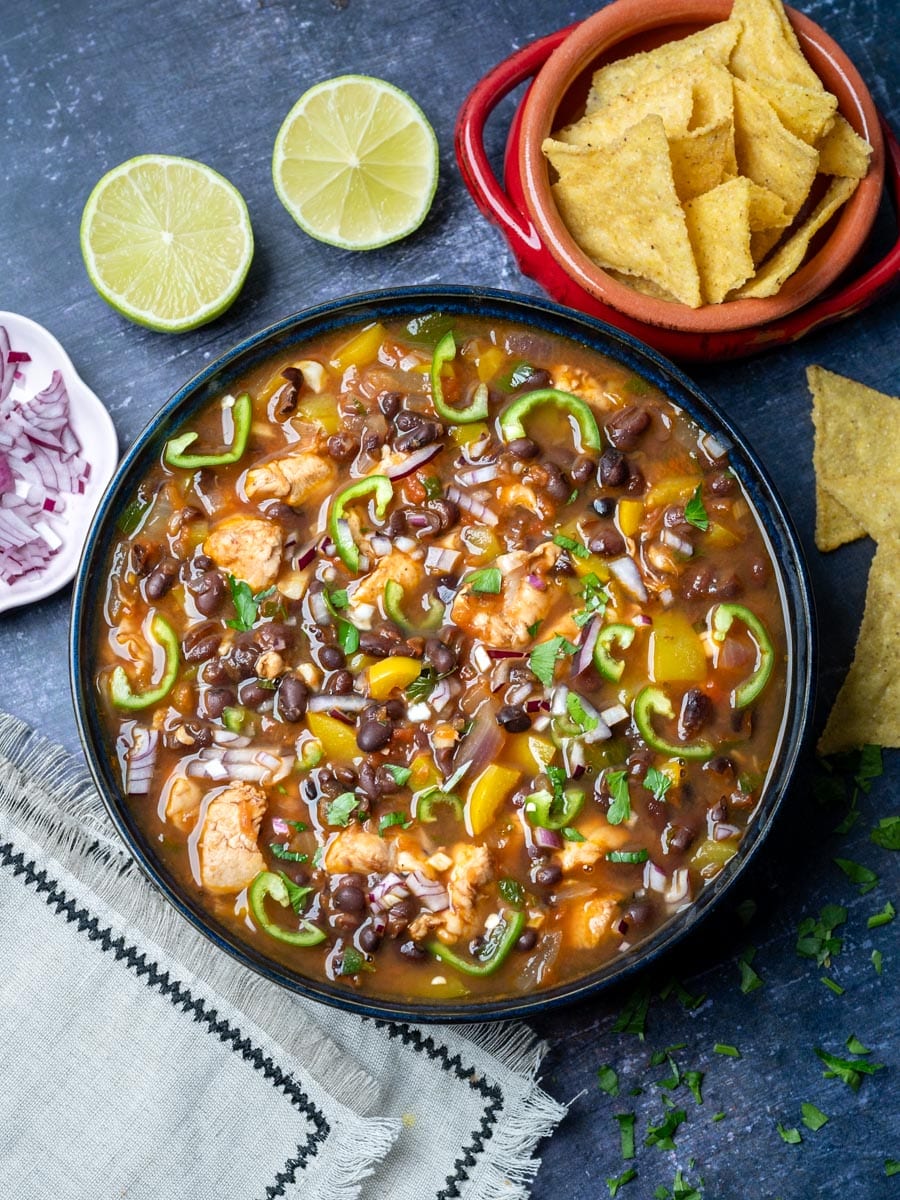 a bowl of a black bean chicken soup