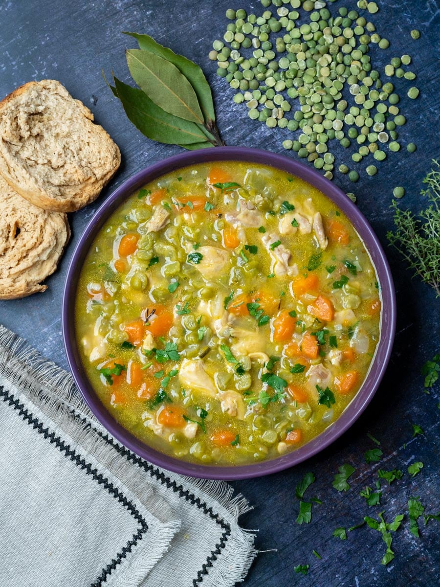 a bowl of a chicken split pea soup