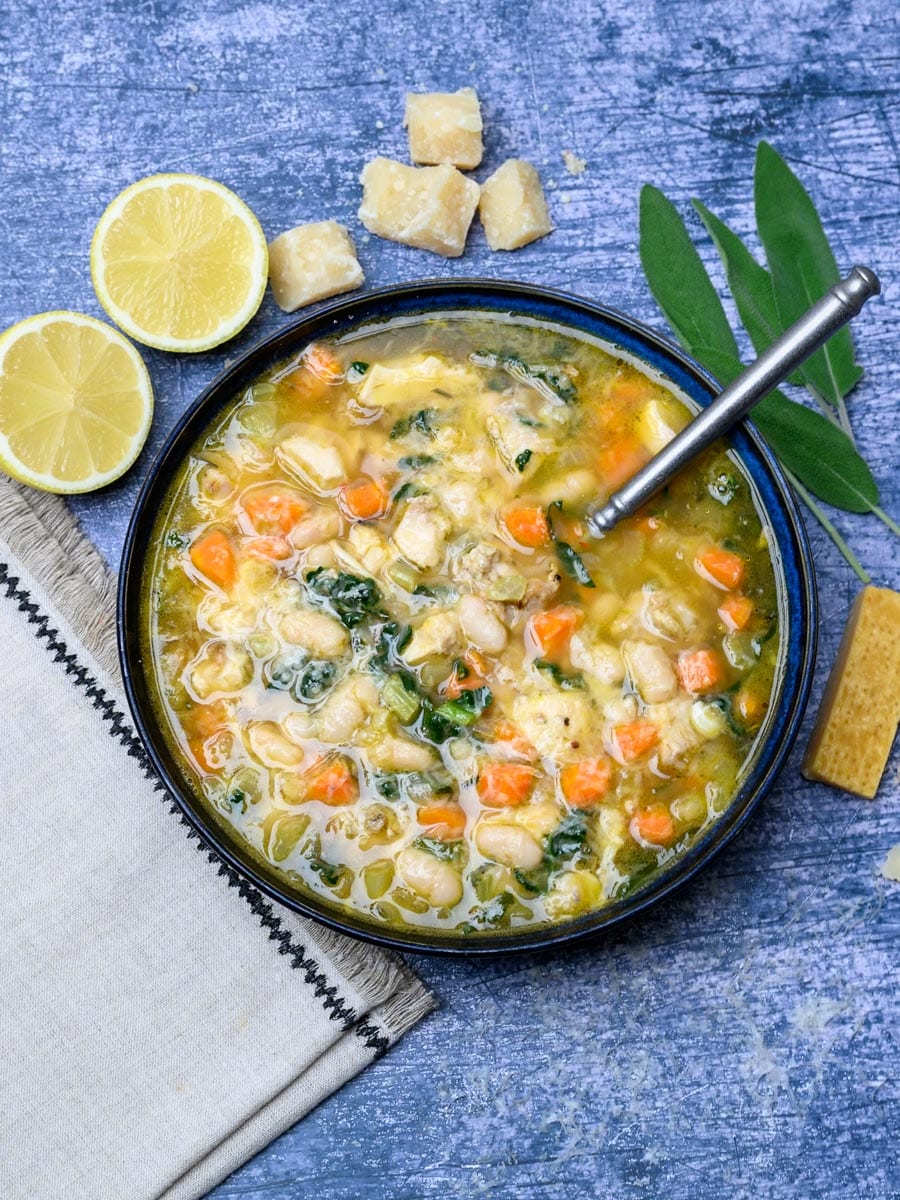 A bowl of a chicken parmesan soup