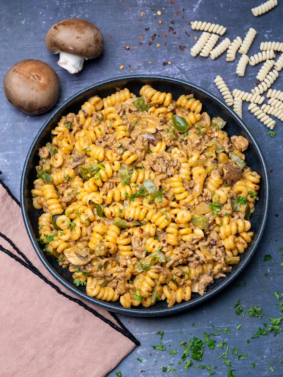 a plate of Philly cheesesteak pasta
