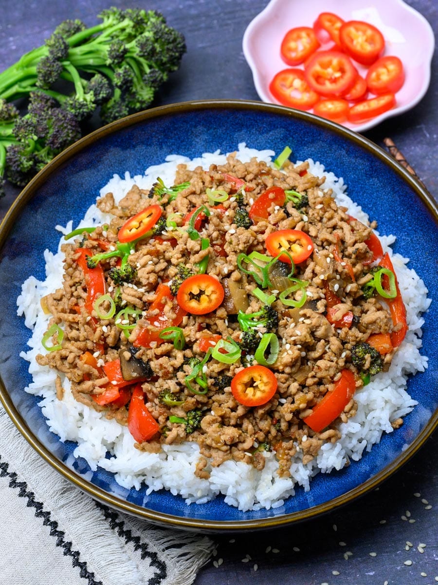 Ground Pork Stir Fry with red chili peppers