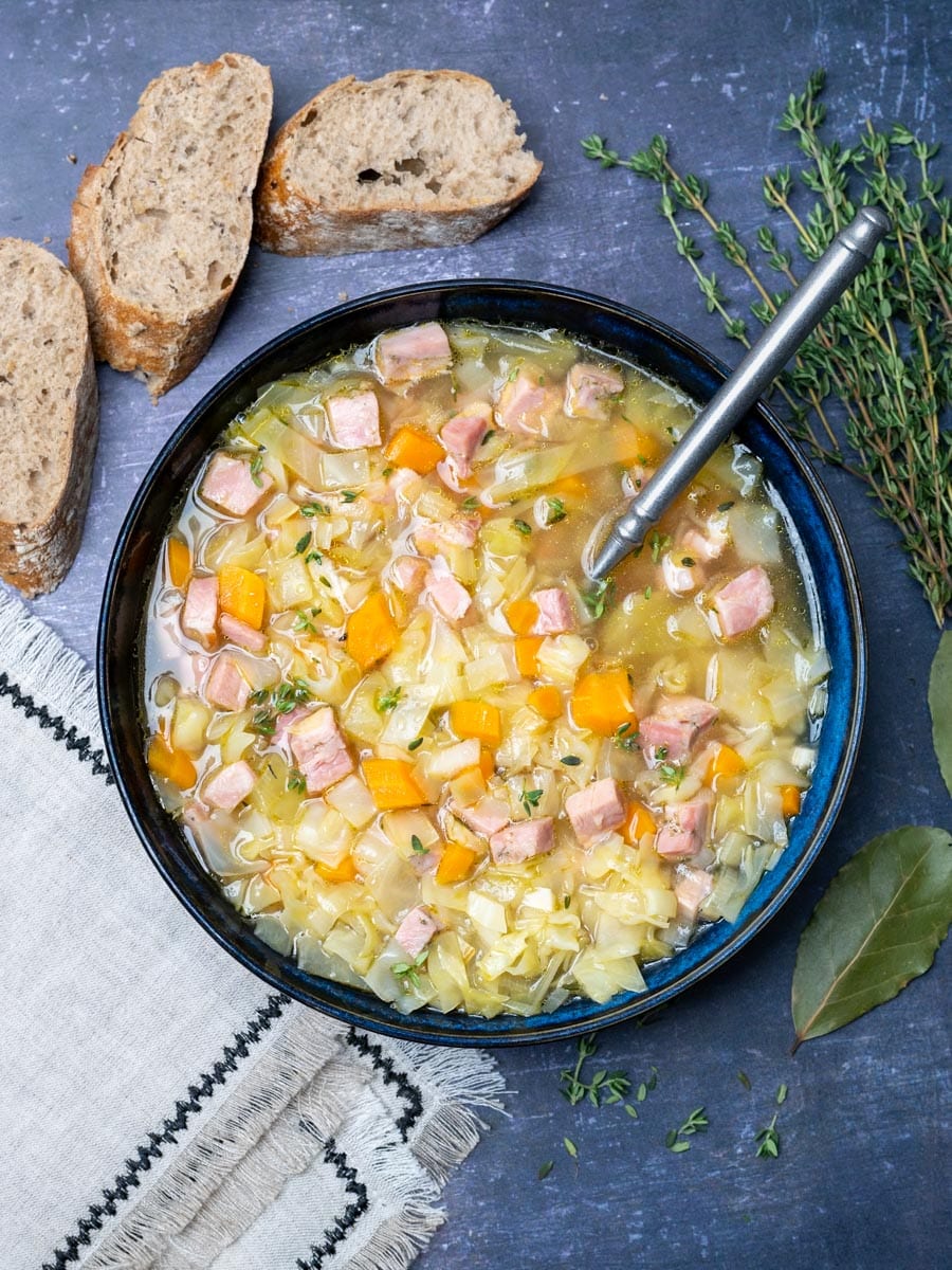 Ham and Cabbage Soup with bread on the side