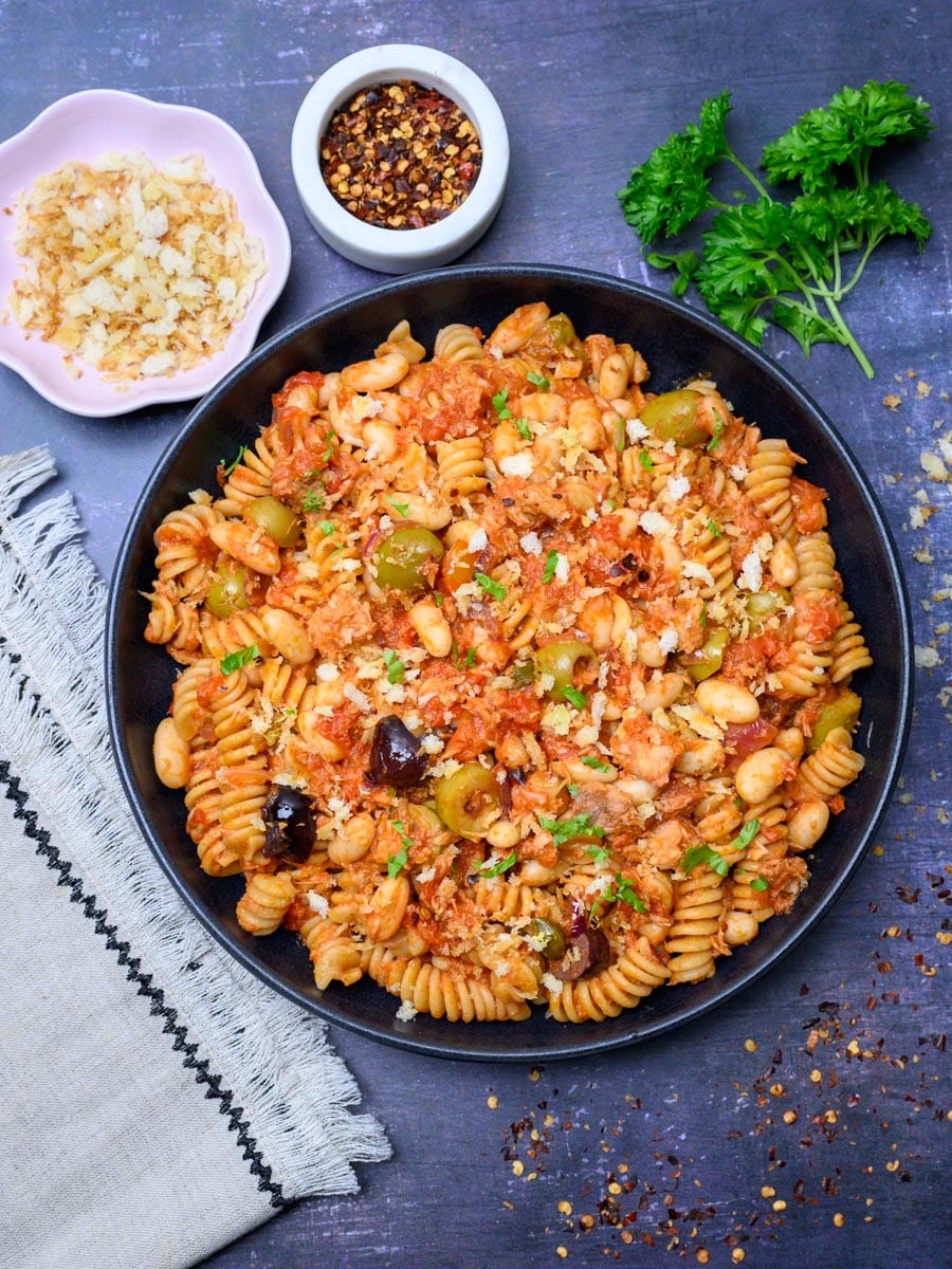 a plate of a spicy tuna pasta