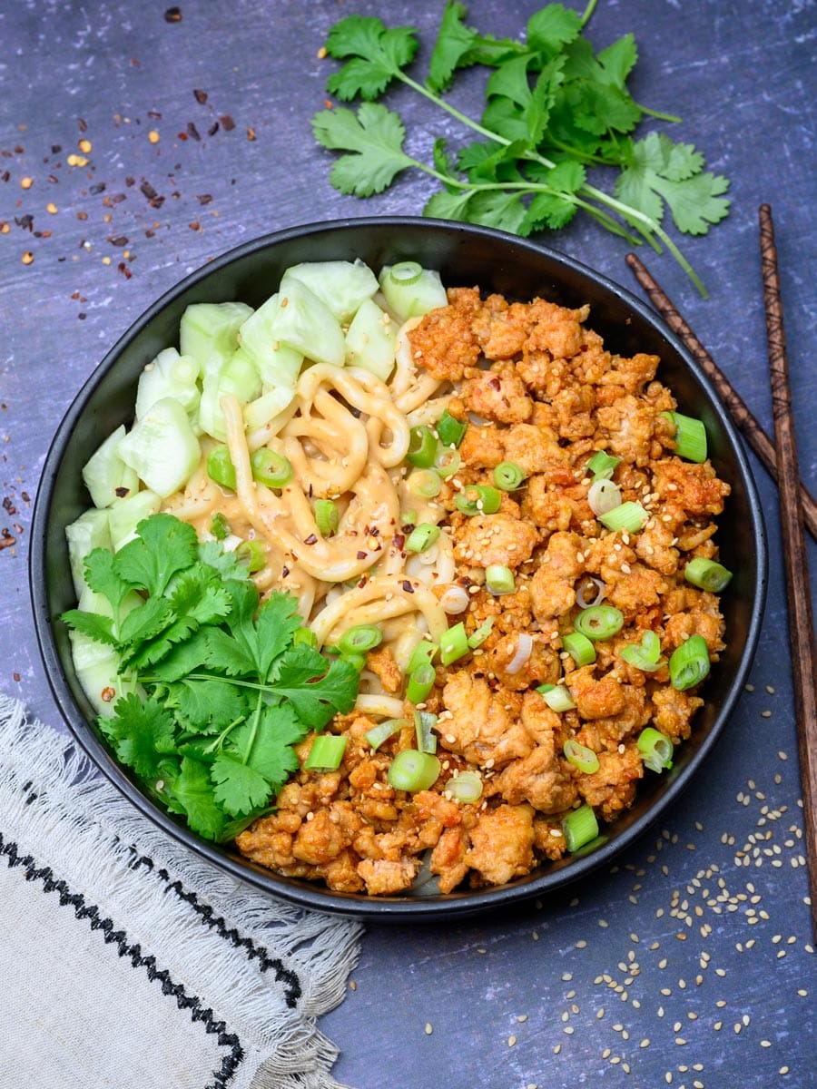 peanut chicken noodles with spring onions