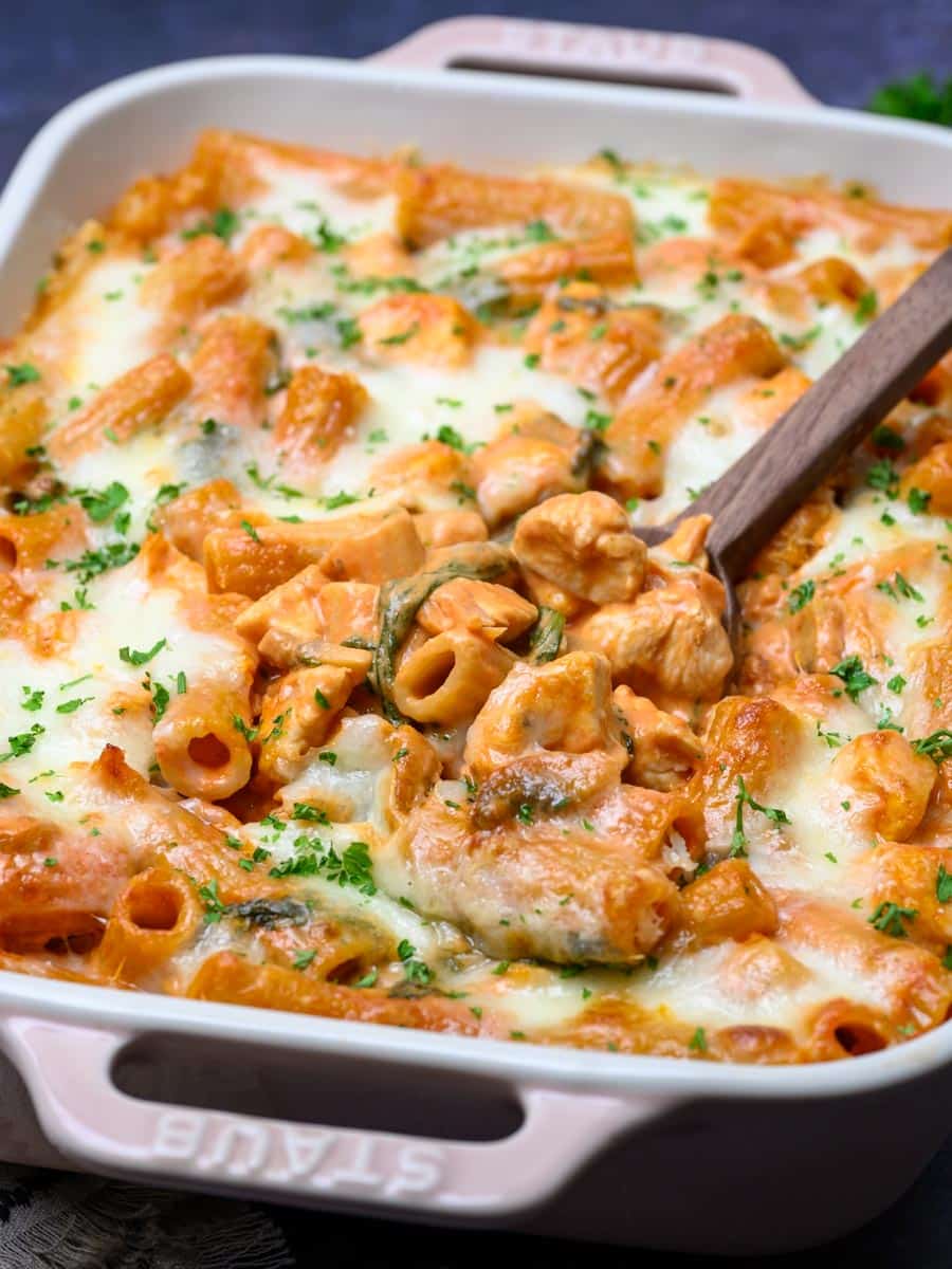 close up photo of a chicken pasta bake